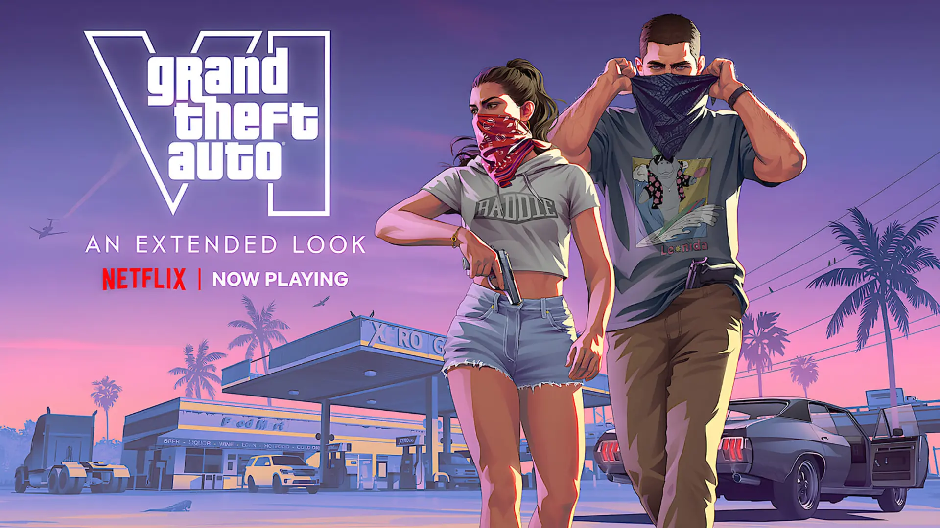 طرح اصلی بازی Grand Theft Auto VI (GTA VI) با دو شخصیت مسلح در پس‌زمینه شهری ساحلی