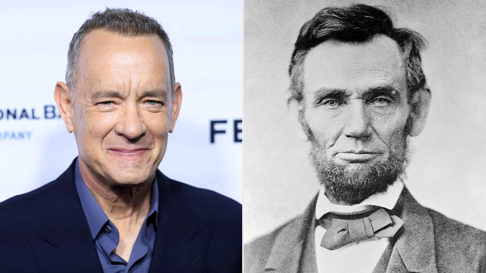 چهره تام هنکس (Tom Hanks) در کنار پرتره سیاه و سفید آبراهام لینکلن (Abraham Lincoln)