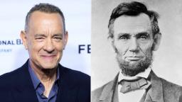 چهره تام هنکس (Tom Hanks) در کنار پرتره سیاه و سفید آبراهام لینکلن (Abraham Lincoln)