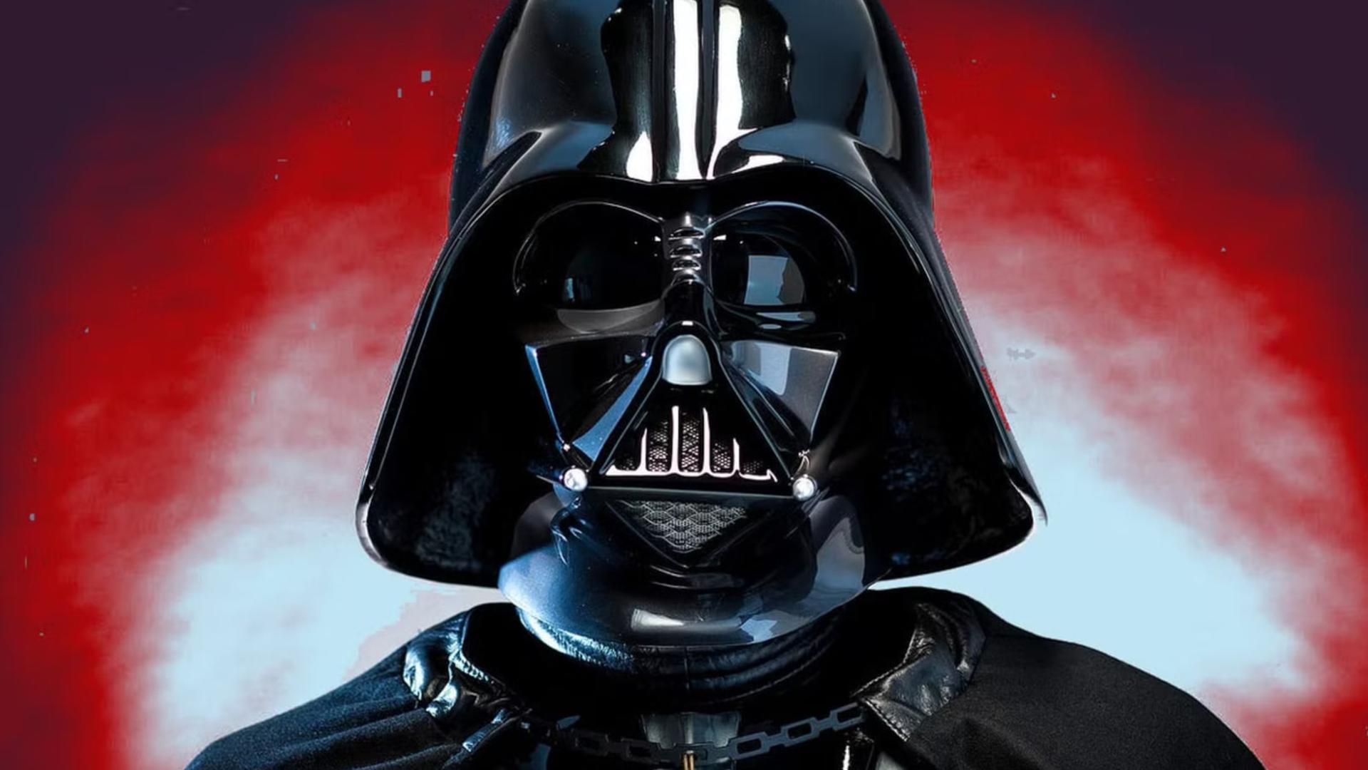 ماسک سیاه و براق شخصیت دارث ویدر (Darth Vader) با پس‌زمینه قرمز