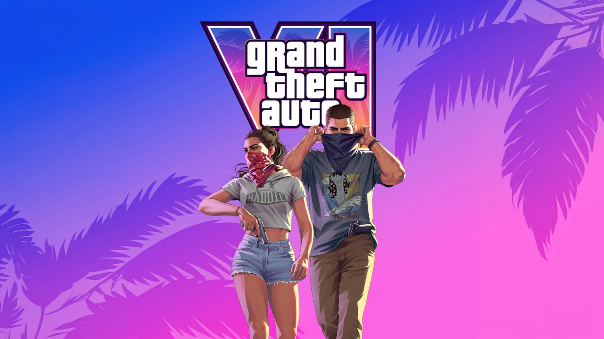 لوگوی بازی Grand Theft Auto VI (GTA VI) در کنار دو شخصیت اصلی