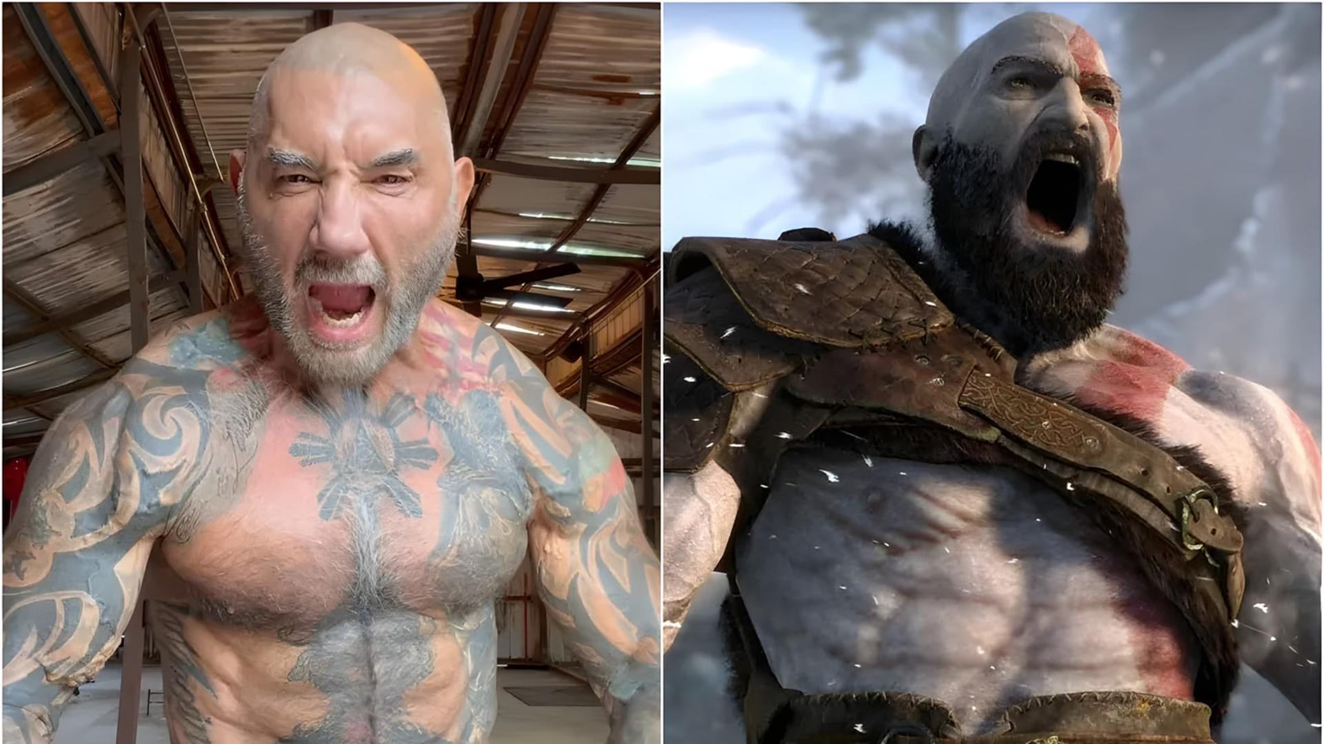دیو باتیستا (Dave Bautista) با تتوهای بدن در کنار شخصیت کریتوس (Kratos) در بازی گاد آف وار