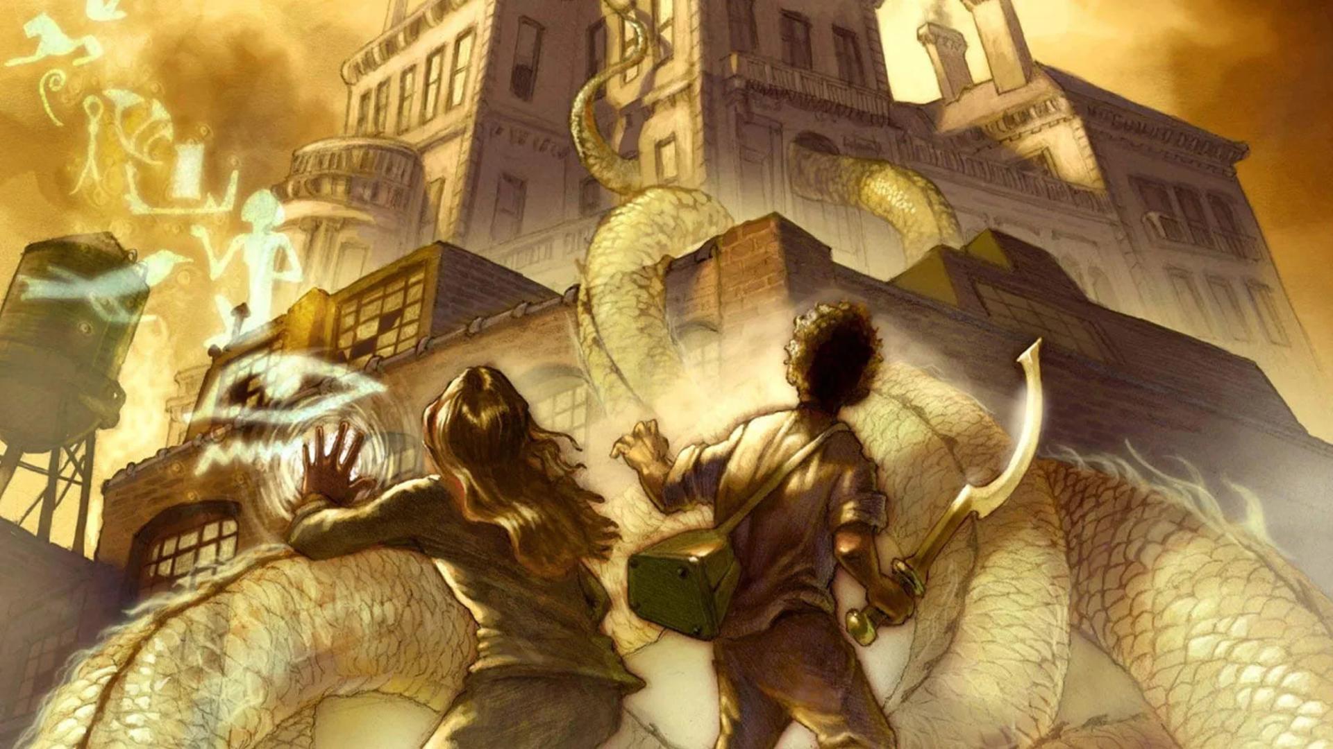شخصیت‌های داستان کرونیک‌های کین (Kane Chronicles) در مقابل یک موجود اساطیری بزرگ