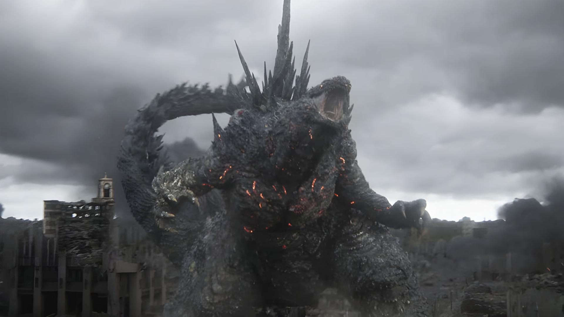 گودزیلا (Godzilla) در حال غرش در میان ویرانه‌های یک شهر تخریب‌شده