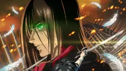 چهره ارن یگر (Eren Yeager) در انیمه اتک آن تایتان (Attack on Titan) با پس‌زمینه آتشین