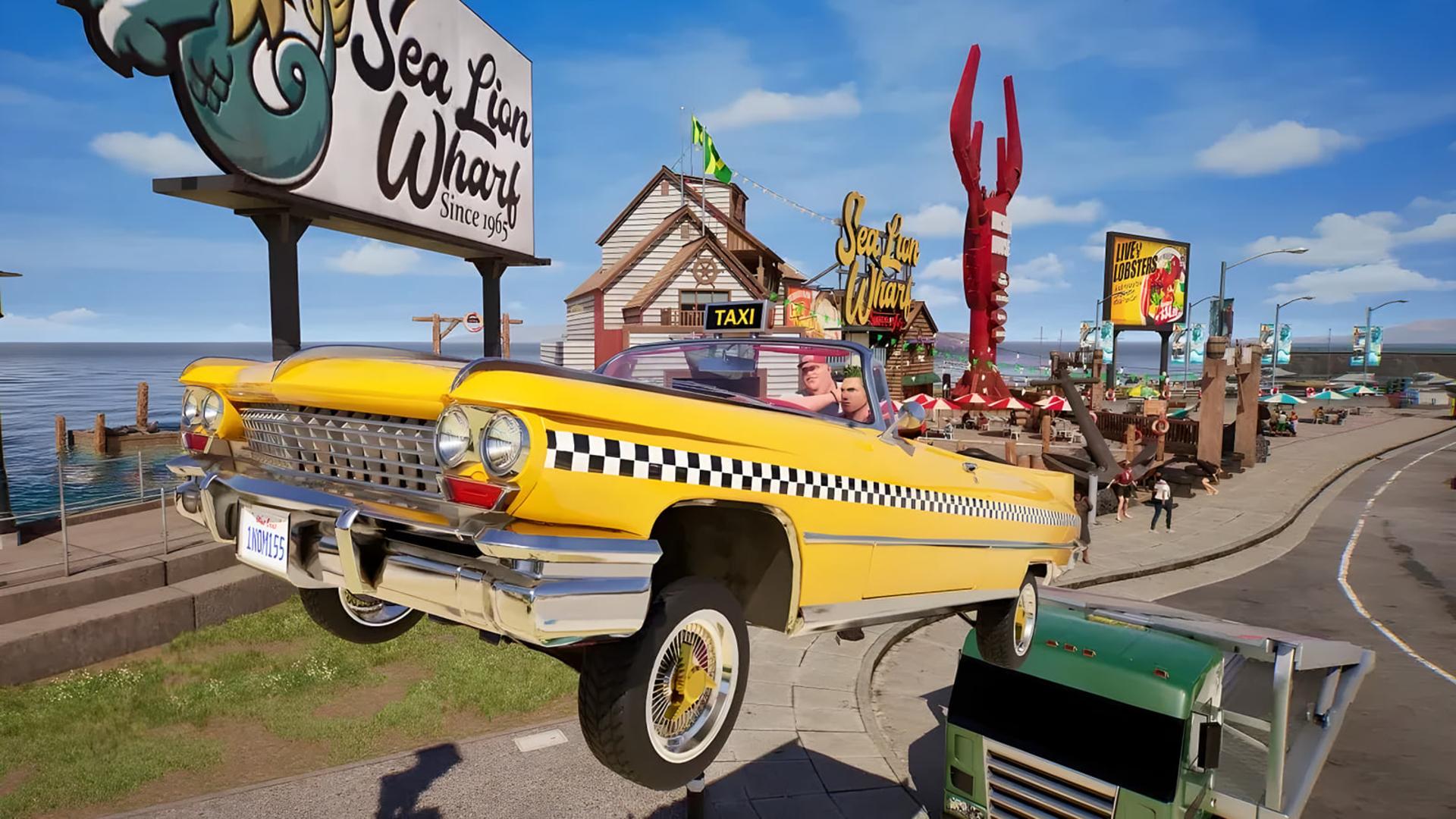 ماشین تاکسی زرد در بازی کرزی تاکسی (Crazy Taxi World Tour) در حال پرش از روی خودروی سبز