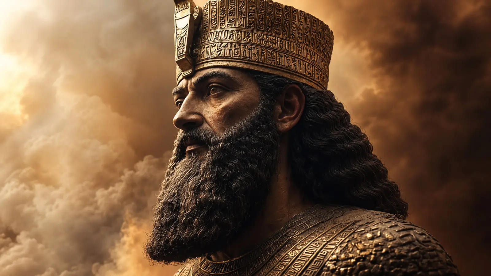 چهره پادشاه کوروش کبیر (Cyrus the Great) با تاج و زره طلایی در میان ابرها