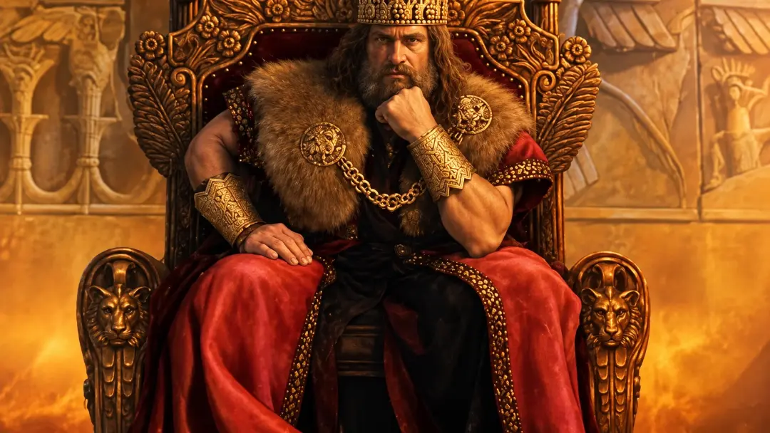 کوروش کبیر (Cyrus the Great) با تاج و لباس سلطنتی روی تخت نشسته است