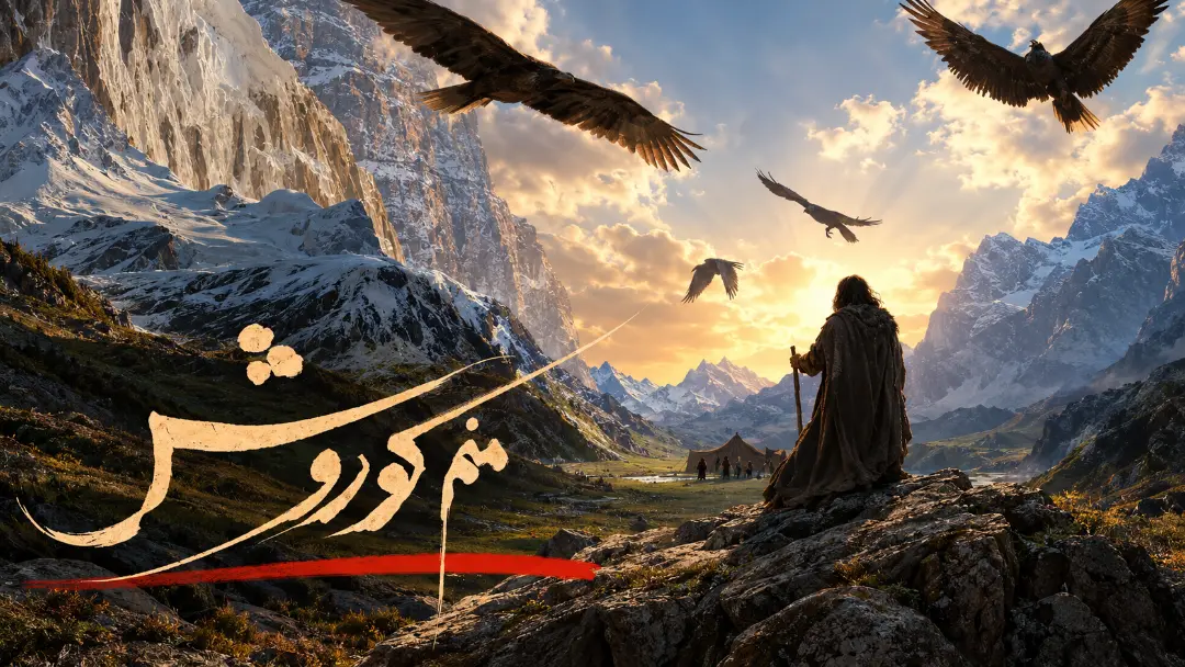 نمای کوهستانی از شخصیت کوروش کبیر (Cyrus the Great) در میان پرندگان در حال پرواز