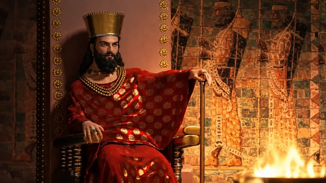 کوروش کبیر (Cyrus the Great) روی تخت سلطنتی با لباس قرمز و جواهرات طلا
