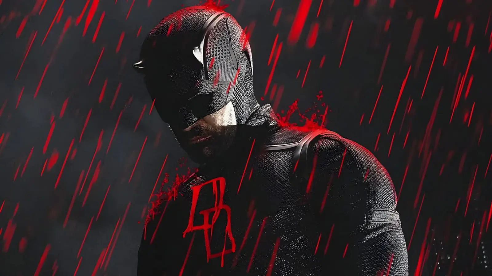 شخصیت دردویل (Daredevil) با لباس سیاه و نماد قرمز در میان باران قرمز