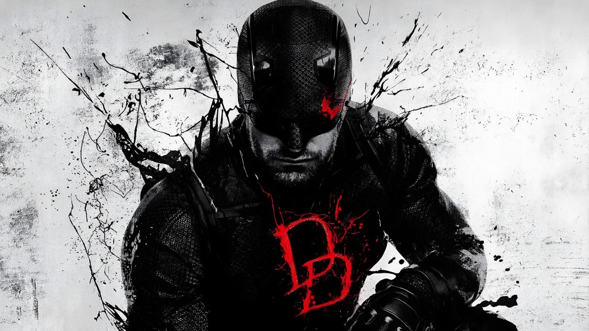 شخصیت ابرقهرمان دردویل (Daredevil) با لباس سیاه و لوگوی قرمز