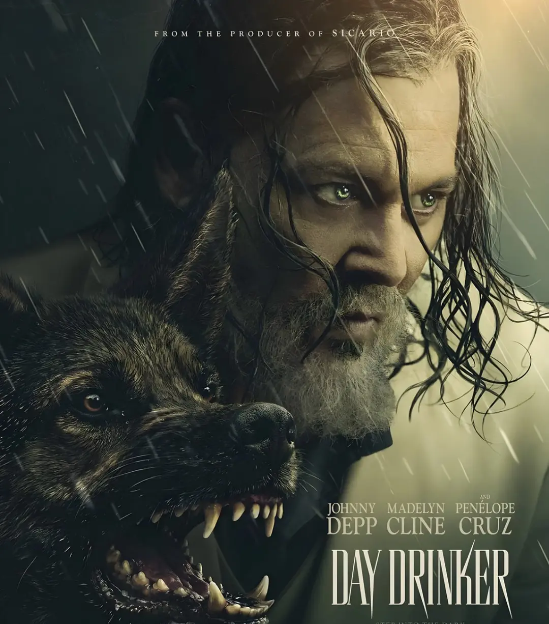 چهره جانی دپ (Johnny Depp) در کنار سر یک گرگ در پوستری از فیلم Day Drinker
