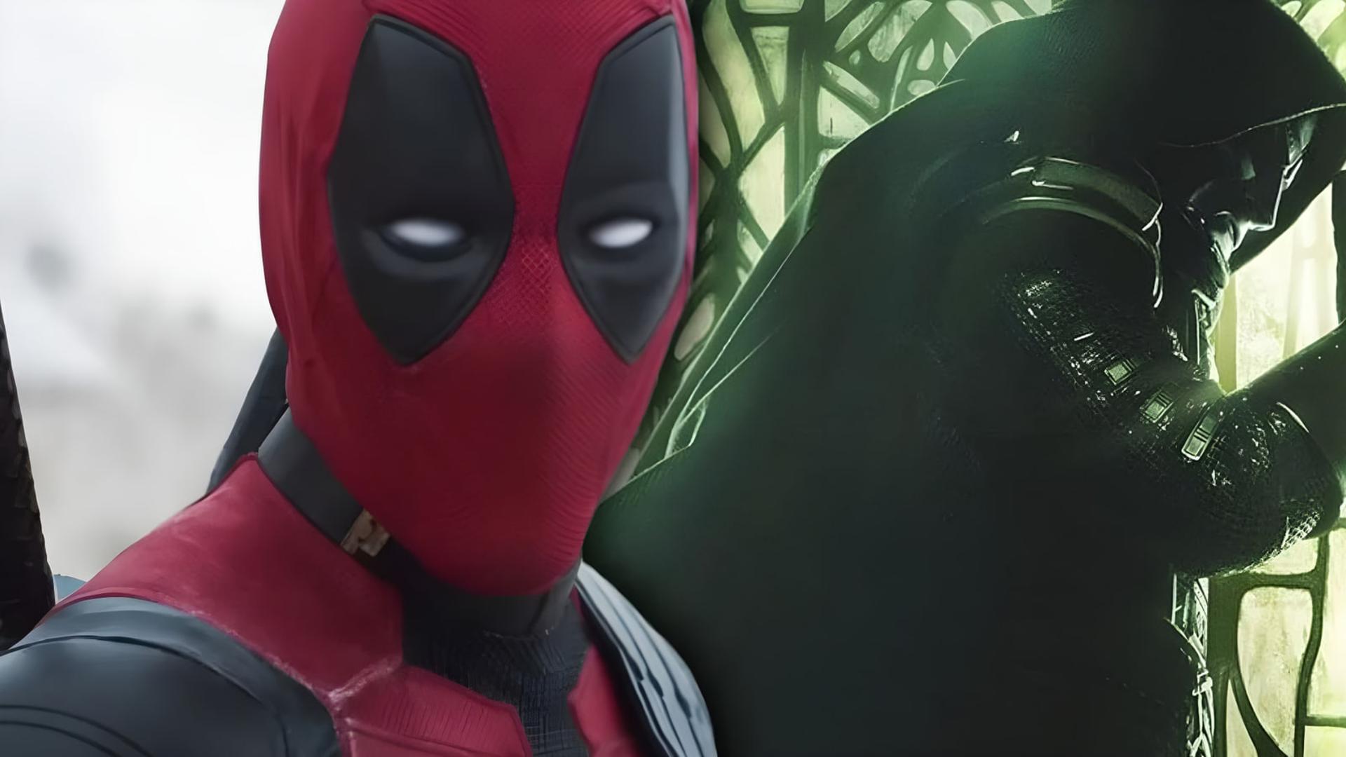 نمای نزدیک از ماسک قرمز ددپول (Deadpool) در کنار شخصیت دکتر دووم (Dr. Doom)