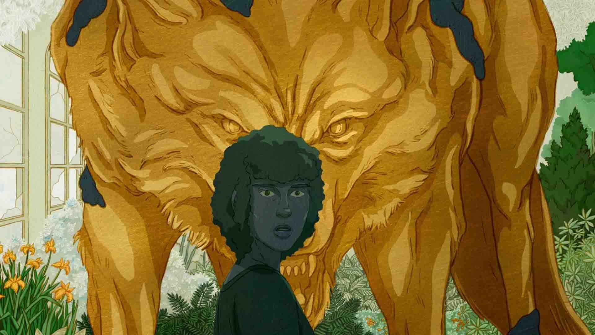 شخصیت هلن مقابل یک شیر طلایی بزرگ در انیمیشن Death Does Not Exist