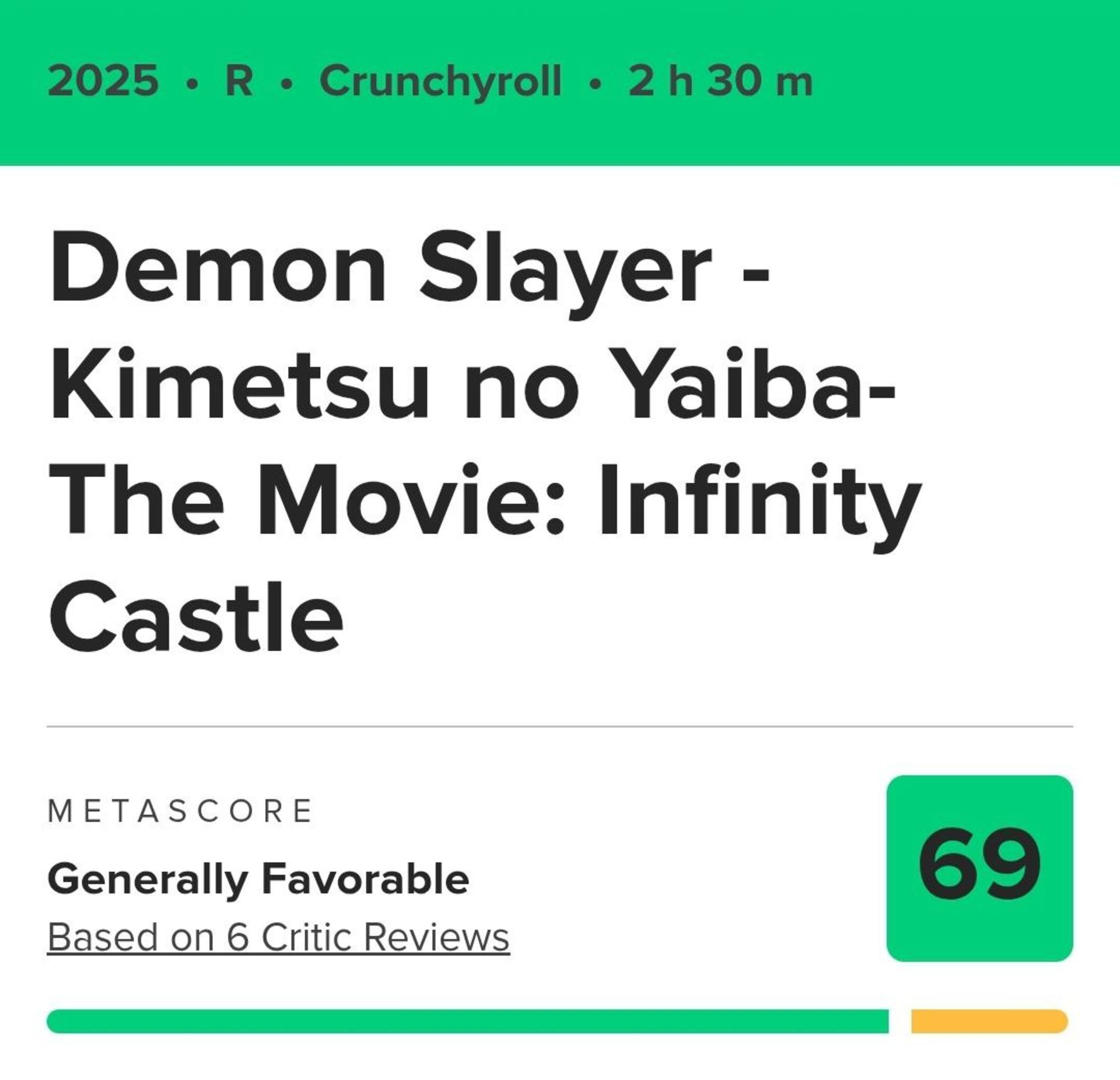 نمرات متاکریتیک انیمه دیمن اسلیر قلعه بی‌نهایت