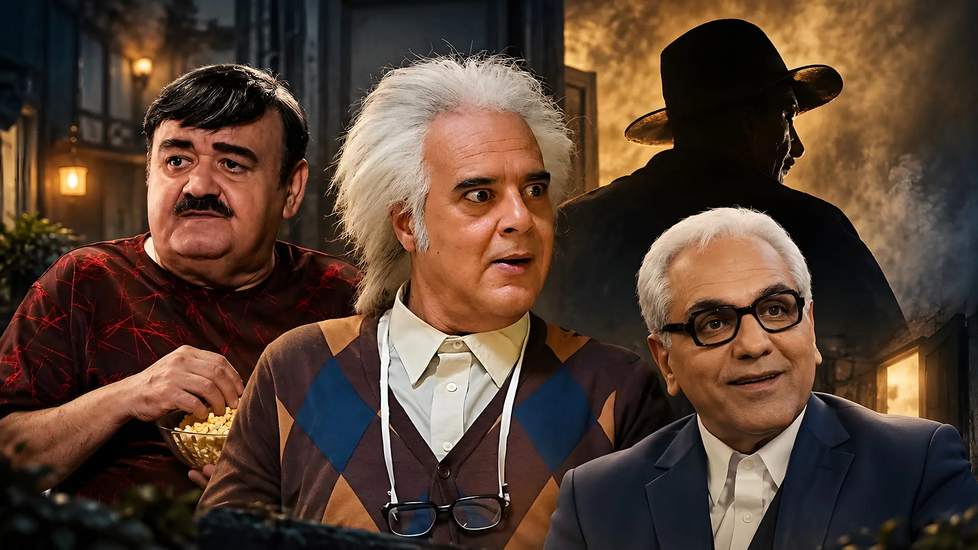 بازیگران سریال کارآگاه علوی (Detective Alavi) با چهره‌های متعجب در مقابل سایه یک مرد با کلاه