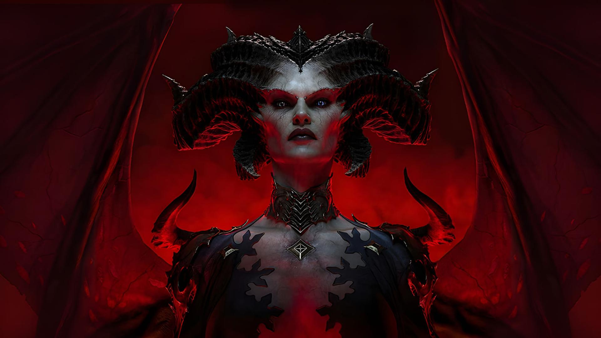 چهره شخصیت دیابلو (Diablo) با شاخ‌های بزرگ در پس‌زمینه قرمز