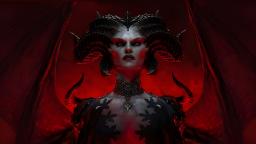 چهره شخصیت دیابلو (Diablo) با شاخ‌های بزرگ در پس‌زمینه قرمز