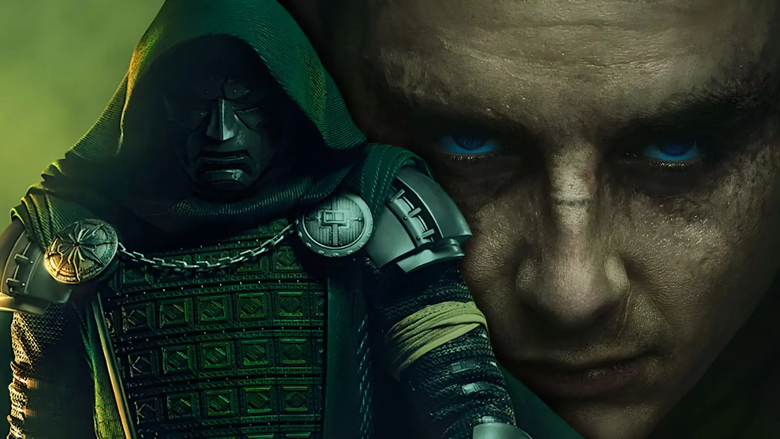 چهره دکتر دووم (Doctor Doom) در کنار نمای نزدیک از یک شخصیت در فیلم انتقام‌جویان: دومزدی (Avengers: Doomsday)
