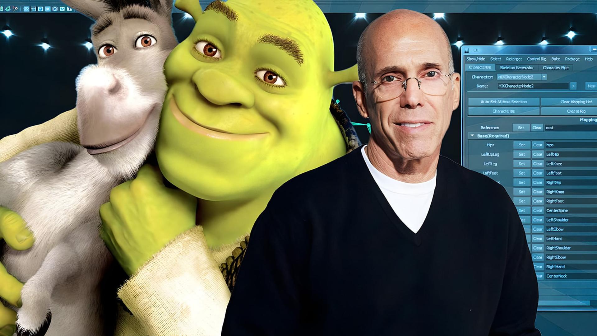 جفری کاتزنبرگ (Jeffrey Katzenberg) در کنار شخصیت‌های انیمیشن شرک (Shrek) و donkey