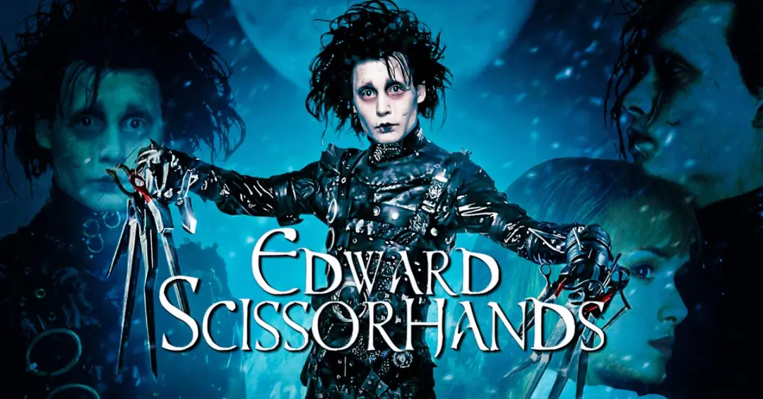 شخصیت ادوارد (Edward Scissorhands) با دست‌های قیچی‌مانند در پوستری از فیلم کلاسیک گوتیک