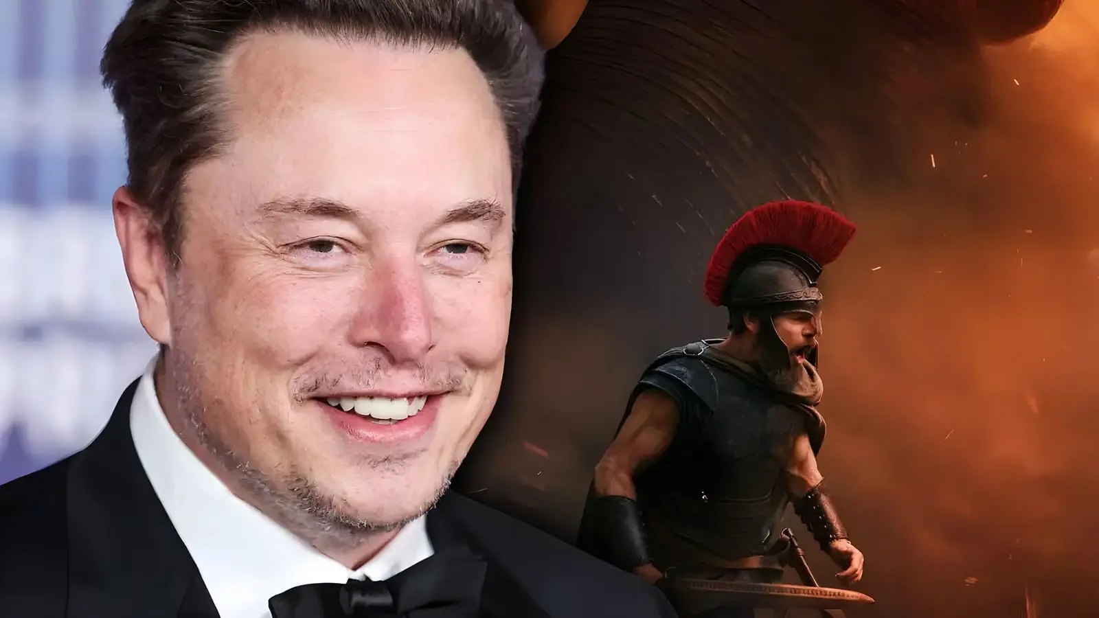 چهره ایلان ماسک (Elon Musk) در کنار صحنه‌ای از یک جنگجوی باستانی