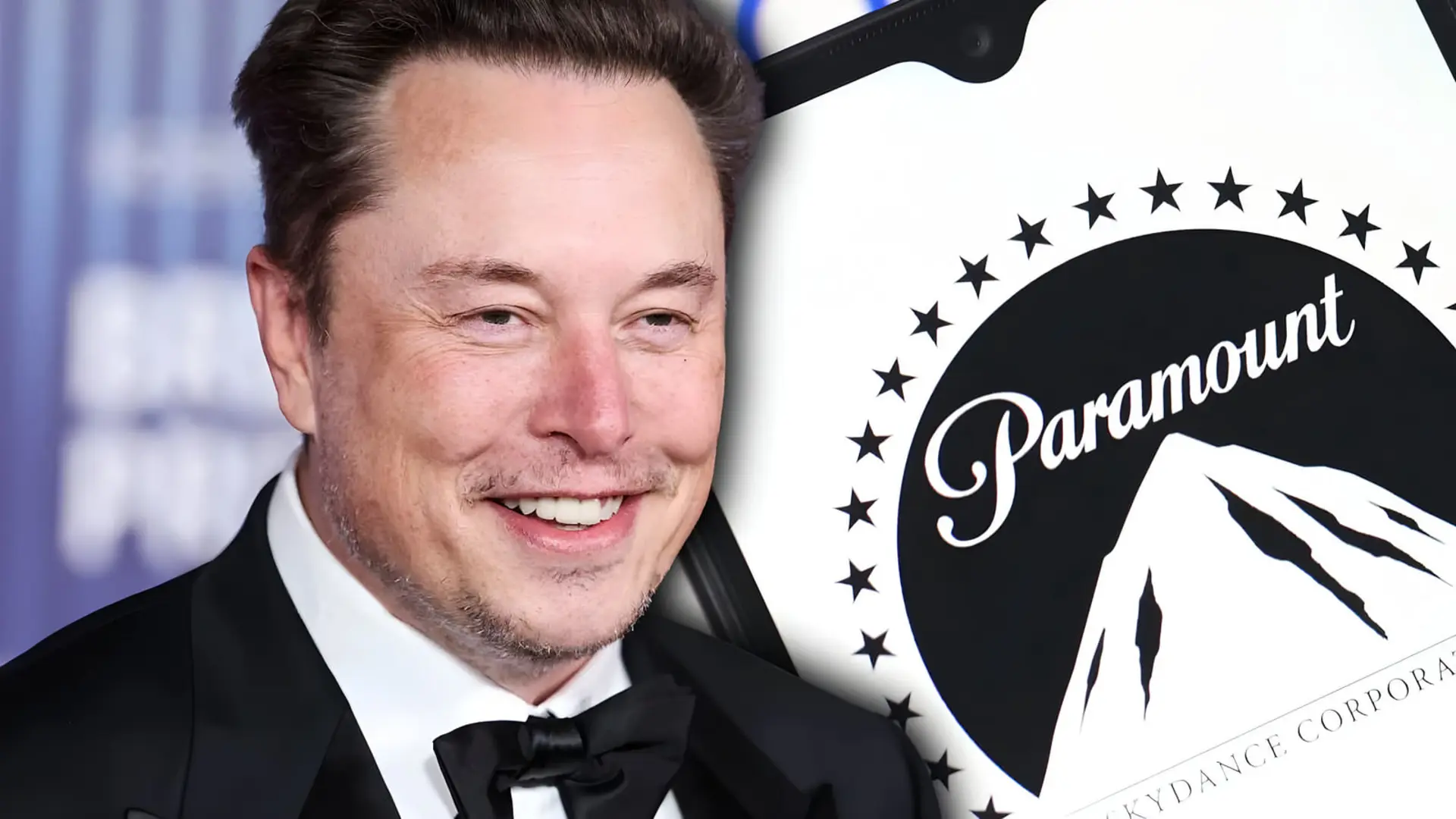 چهره ایلان ماسک (Elon Musk) در کنار نشان شرکت پارامونت (Paramount)
