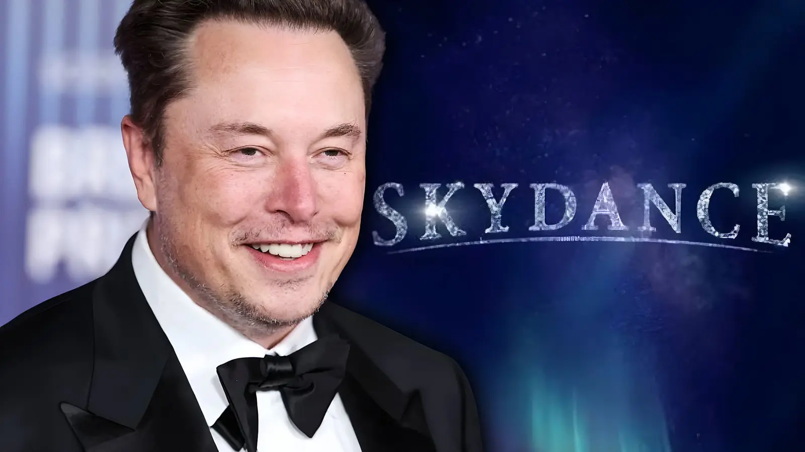 ایلان ماسک (Elon Musk) در کنار لوگوی استودیو اسکای‌دنس (Skydance)