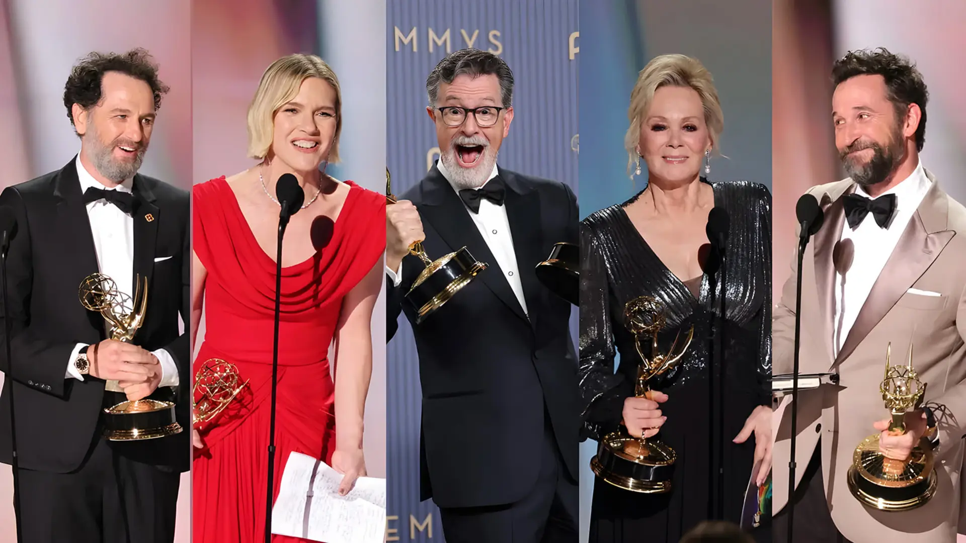 برندگان جوایز امی (Emmy Awards) در حال نمایش تندیس‌های طلایی خود در مراسم سال ۲۰۲۶