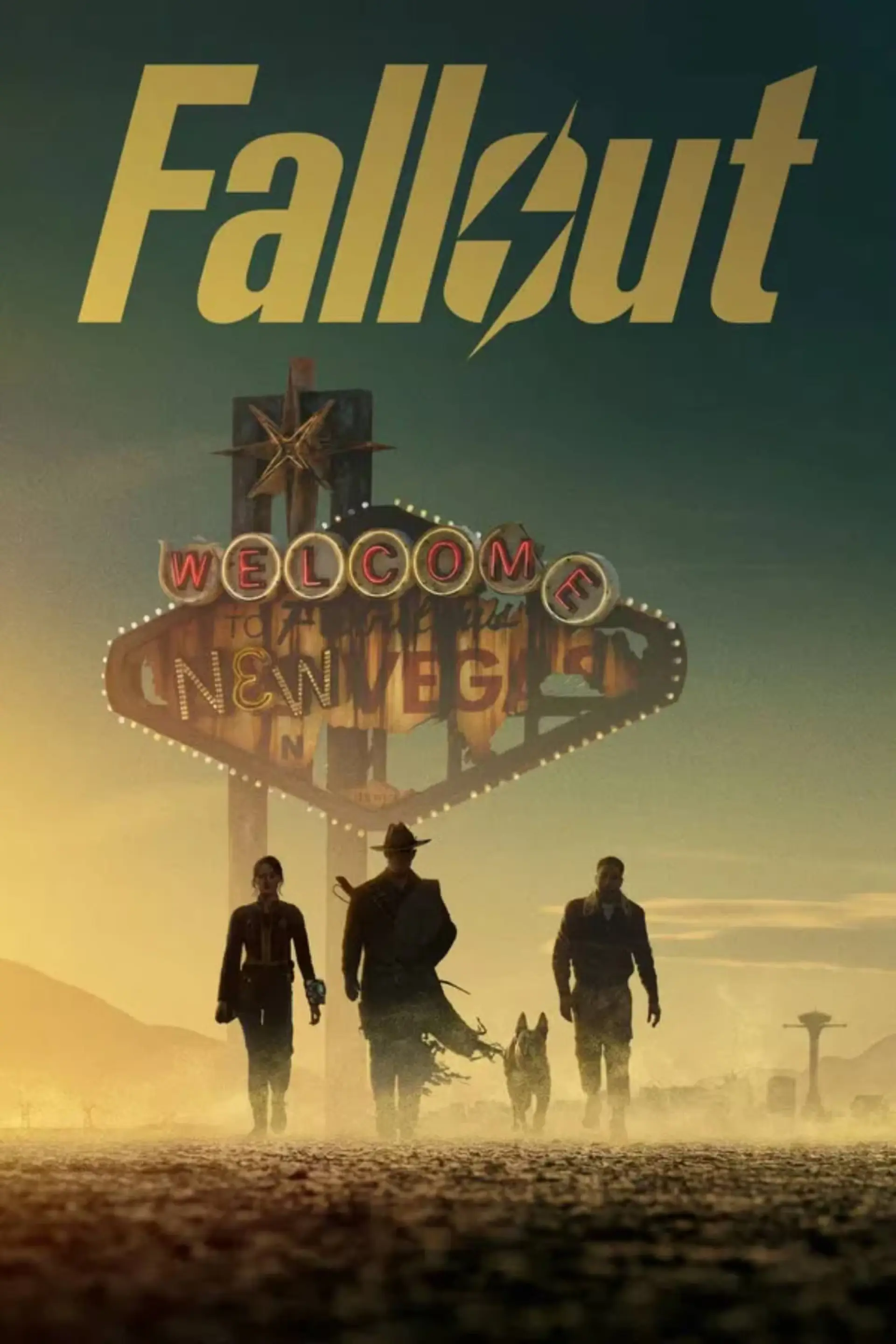 شخصیت‌های اصلی سریال فال‌اوت (Fallout) در مقابل تابلوی خوش‌آمدگویی نیو وگاس