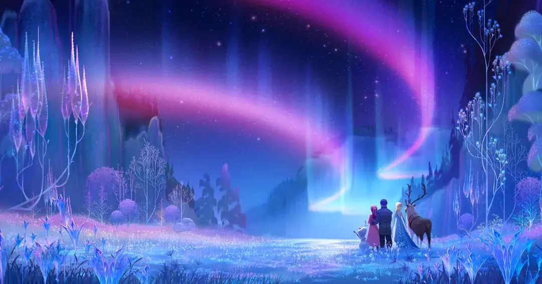 شخصیت‌های انیمیشن فروزن (Frozen) در مقابل نورهای رنگی در طبیعت جادویی
