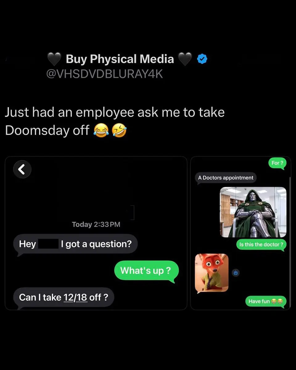 چت صفحه گوشی درباره درخواست مرخصی برای ملاقات با دکتر دووم (Doctor Doom)