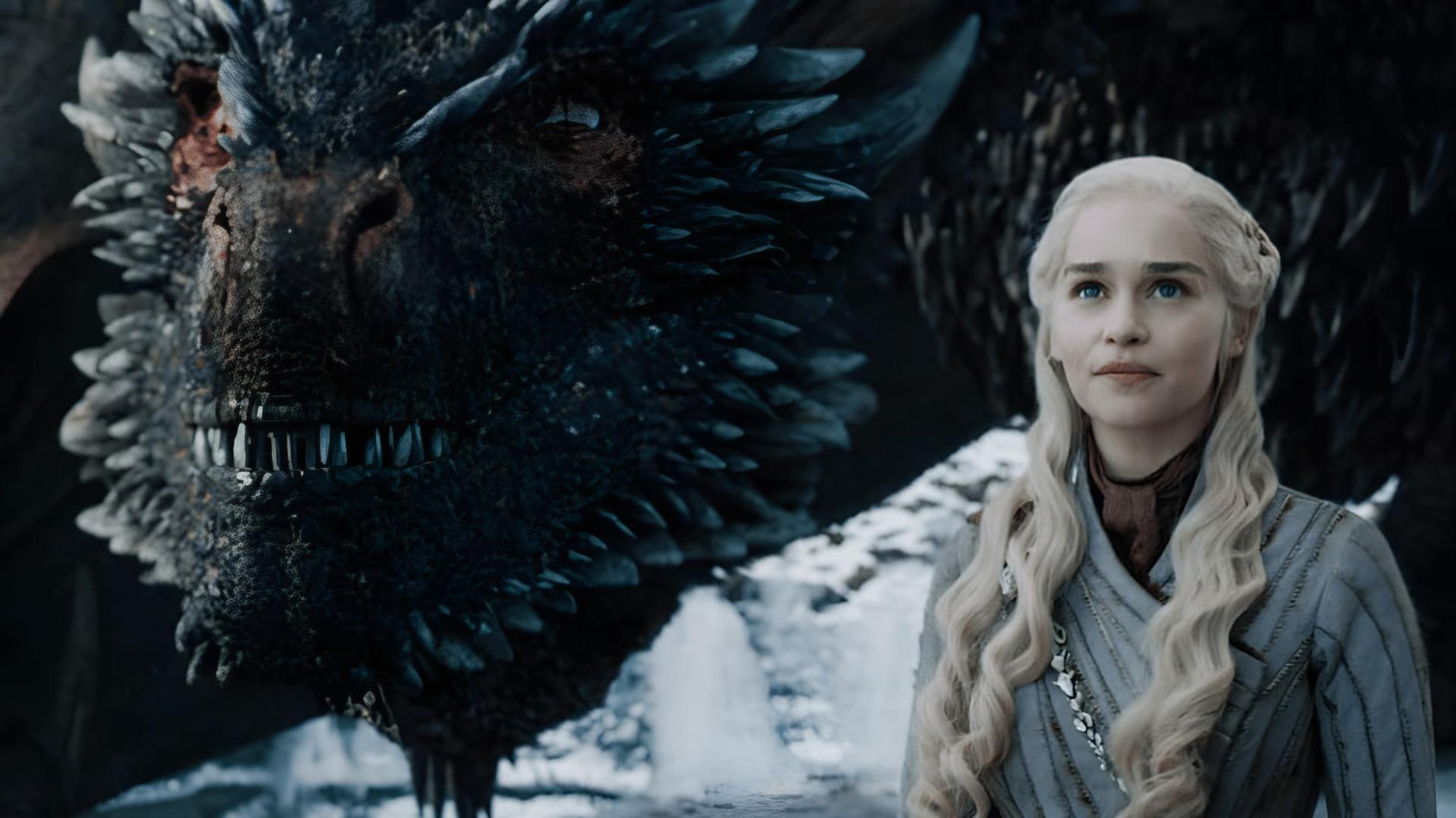 دنریس تارگرین (Daenerys Targaryen) در کنار سر بزرگ یک اژدها