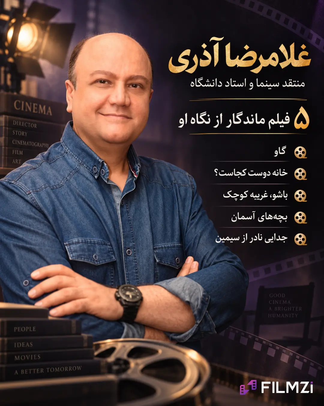 غلامرضا آذری (Gholamreza Azari) منتقد سینما در کنار نمادهای فیلم‌سازی