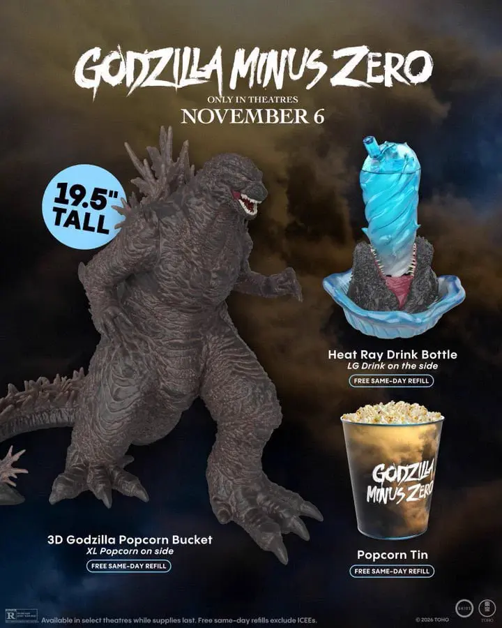 ظروف تبلیغاتی فیلم گودزیلا منفی صفر (Godzilla Minus One) شامل پاپ‌کورن و بطری نوشیدنی