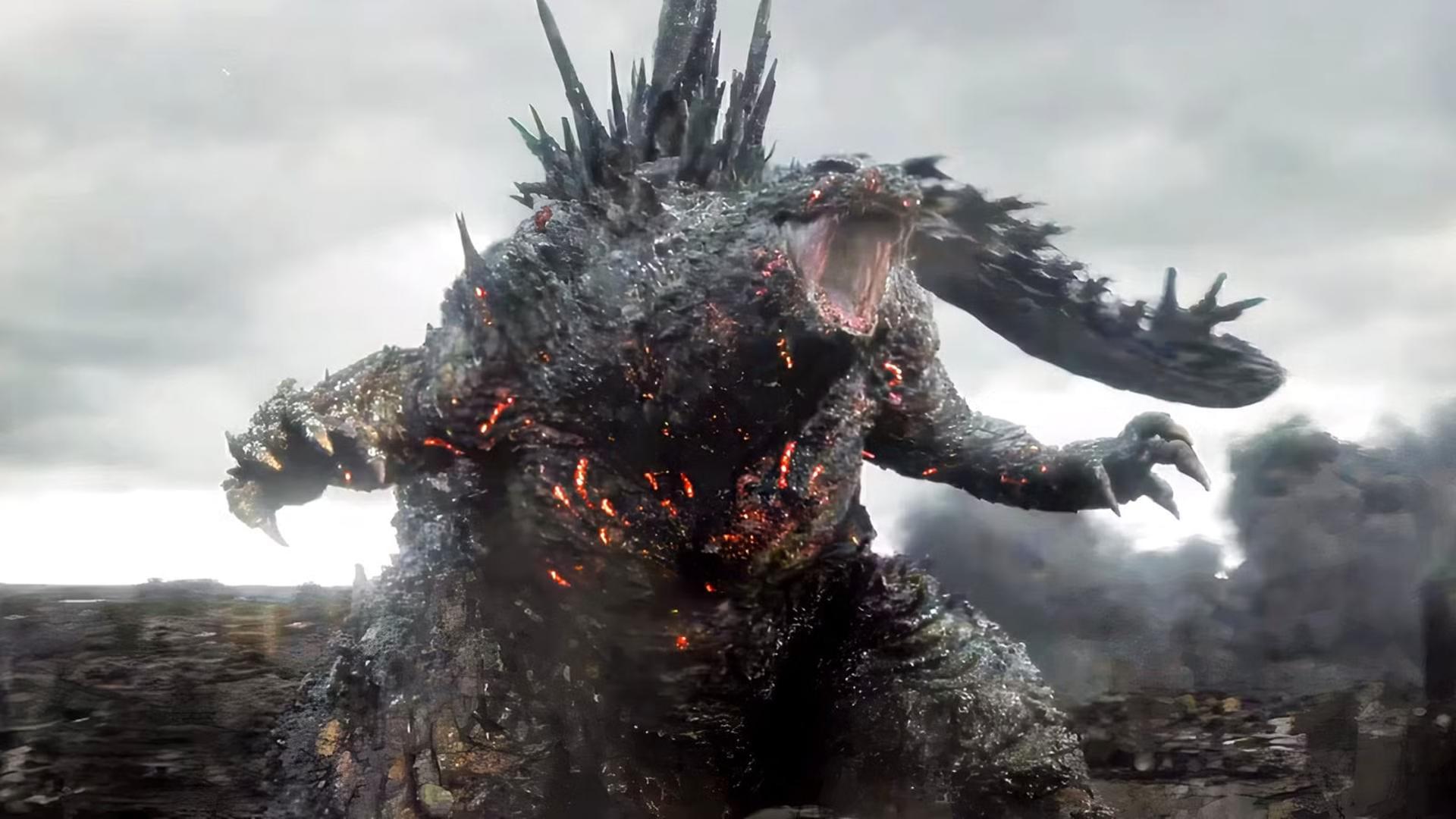 هیولای گودزیلا (Godzilla) با پوست درخشان در میان ویرانه‌ها