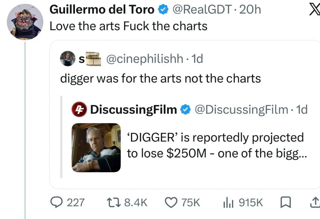 توییت گیرمو دل تورو (Guillermo del Toro) در پاسخ به گزارش ضرر مالی فیلم دیگر (Digger)