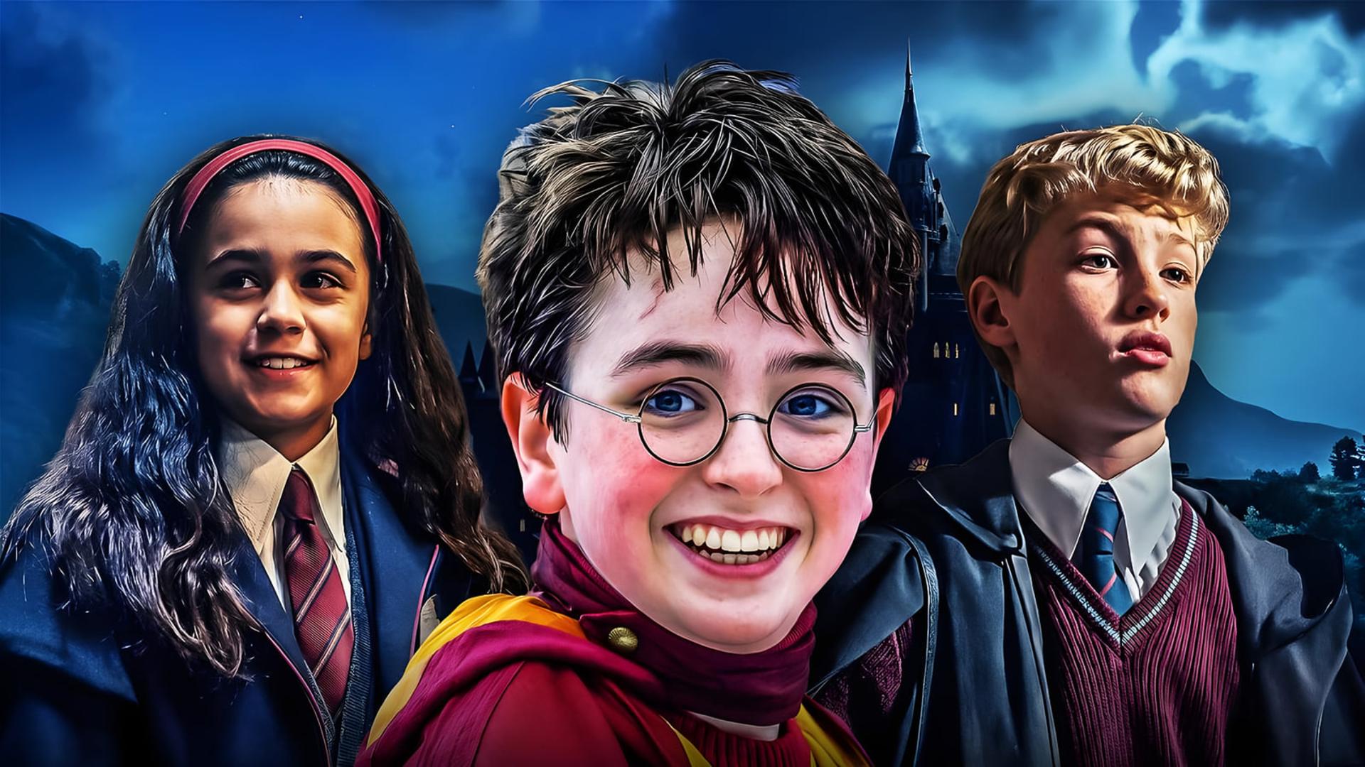سه کودک در لباس‌های جادوگری هری پاتر (Harry Potter) در مقابل قلعه هاگوارتز