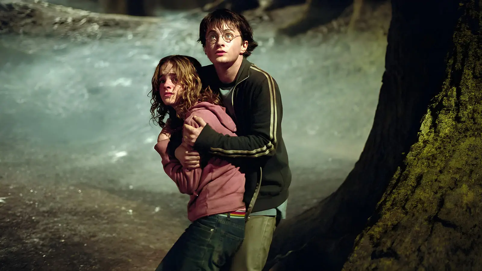 هری پاتر (Harry Potter) در حال حمایت از رون واد (Ron Weasley) در محیطی مه‌آلود