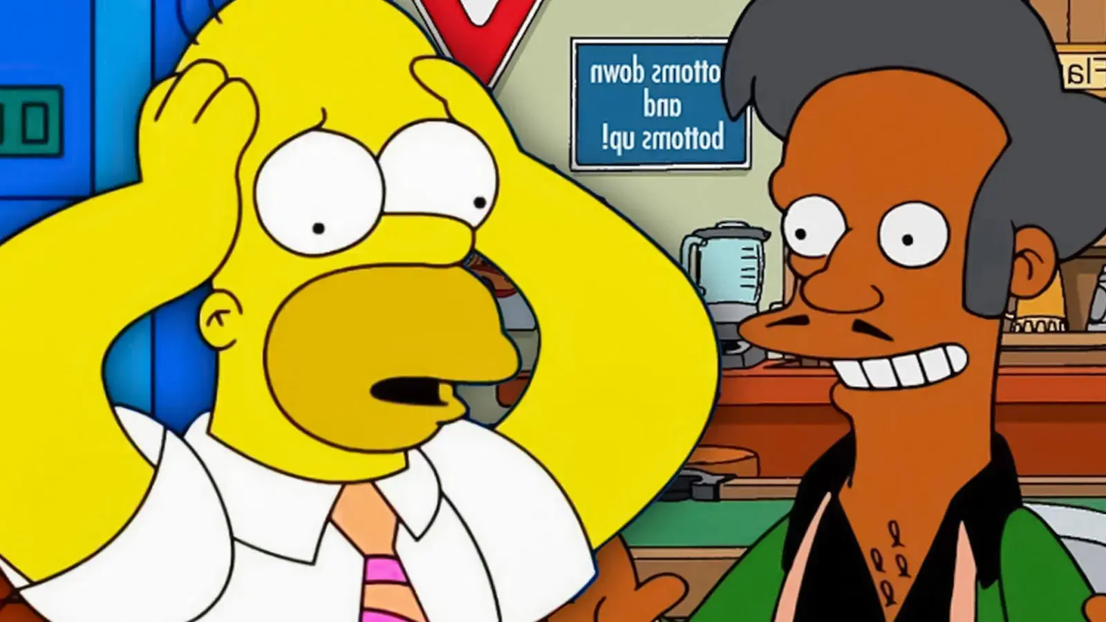 هومر سیمپسون (Homer Simpson) با چهره‌ای متعجب در کنار آپو (Apu)