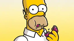 هومر سیمپسون (Homer Simpson) در حال خوردن یک دونات صورتی با پوشش رنگی
