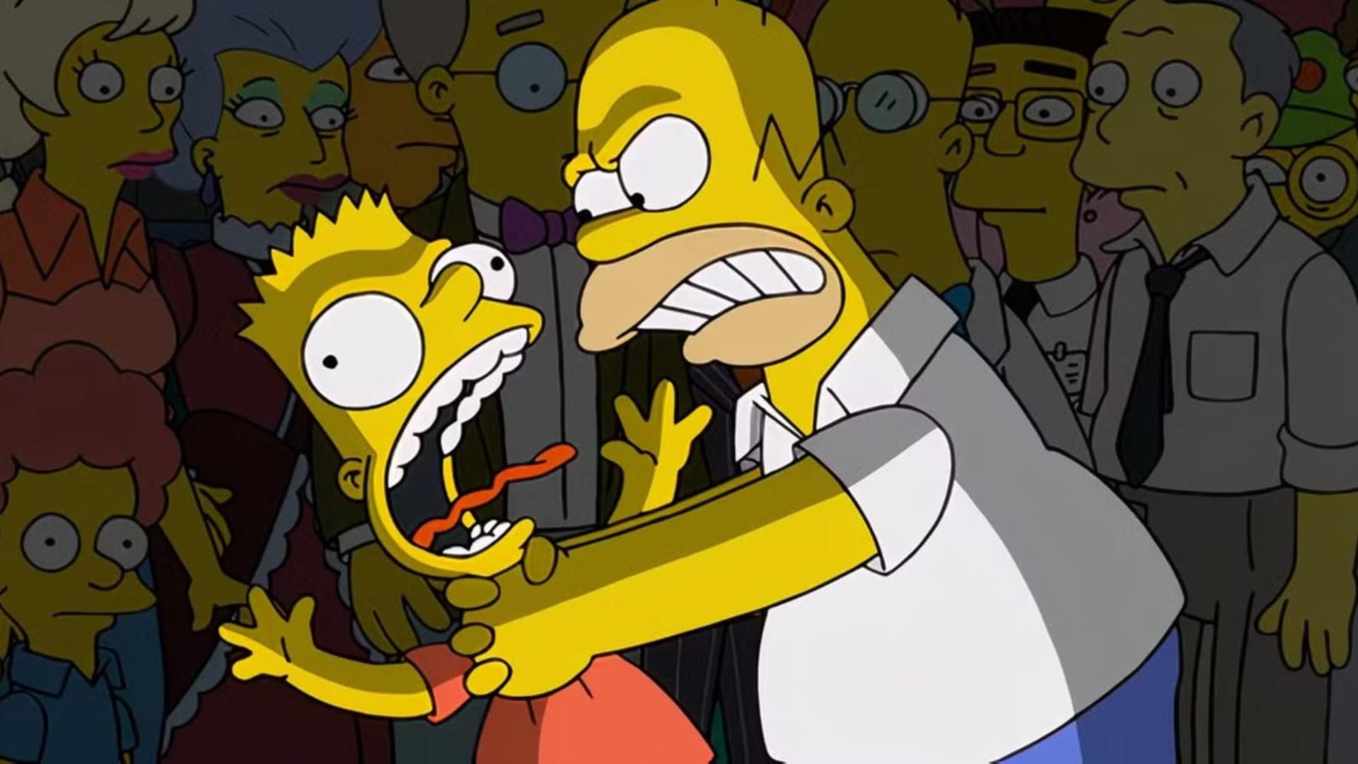 هومر سیمپسون (Homer Simpson) گلو بارت (Bart Simpson) را در میان جمعیت گرفته است