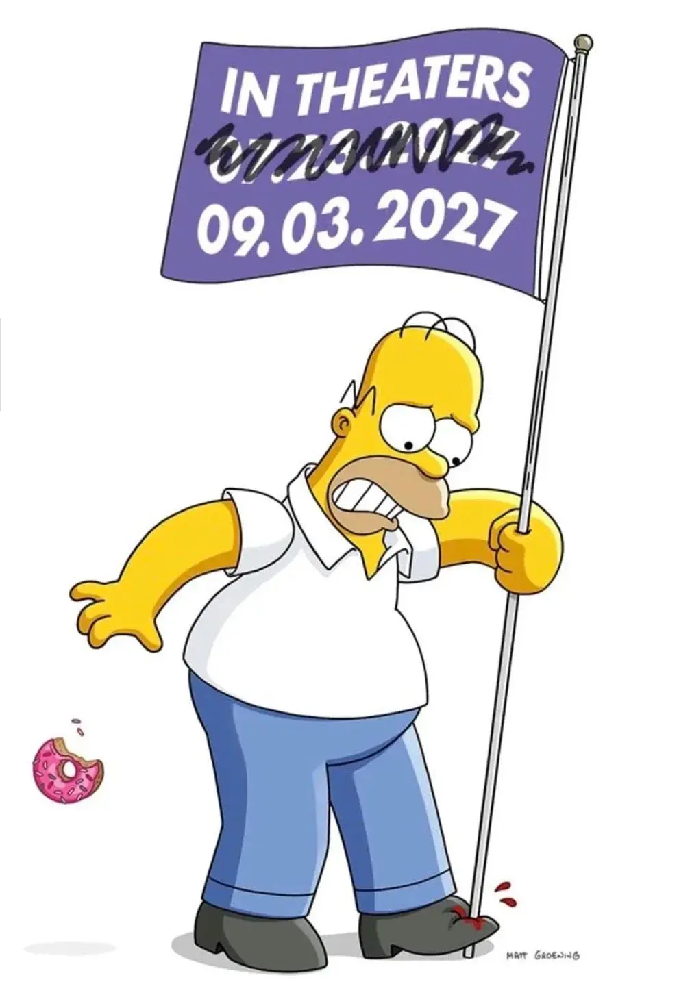 هومر سیمپسون (Homer Simpson) با پرچمی که تاریخ اکران سال ۲۰۲۷ را نشان می‌دهد