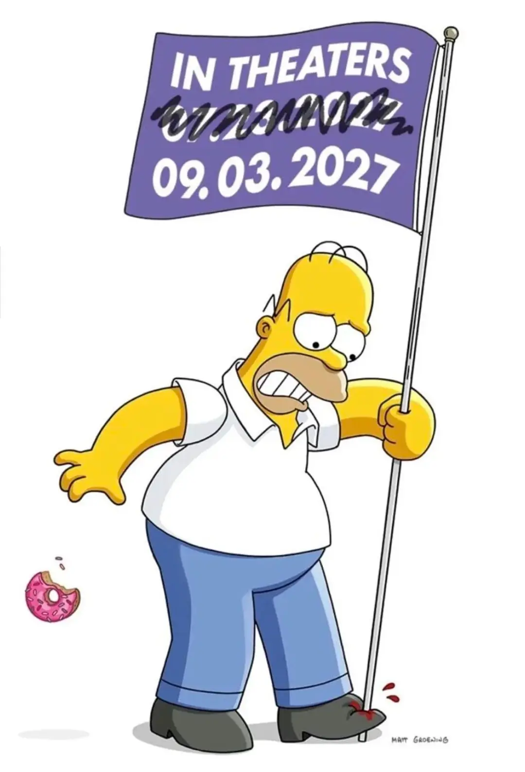 هومر سیمپسون (Homer Simpson) با پرچمی که تاریخ اکران سال ۲۰۲۷ را نشان می‌دهد