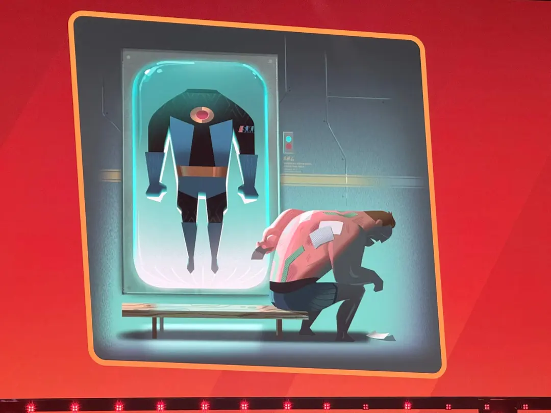 لباس ابرقهرمانی در کپسول شیشه‌ای در کنار شخصیت انیمیشن Incredibles 3 (شگفت انگیزان)