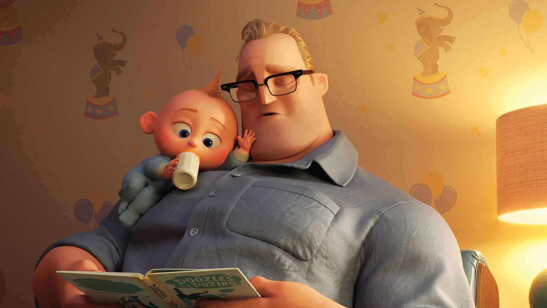 باب پار در حال کتاب خواندن برای جک جک در انیمیشن Incredibles 2