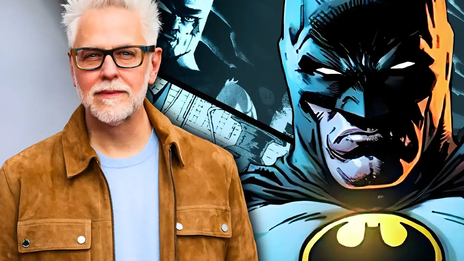 جیمز گان (James Gunn) در کنار تصویر کمیک بتمن (Batman)