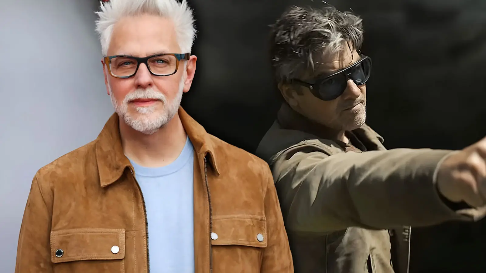 جیمز گان (James Gunn) در کنار تصویری از دنیای دی‌سی