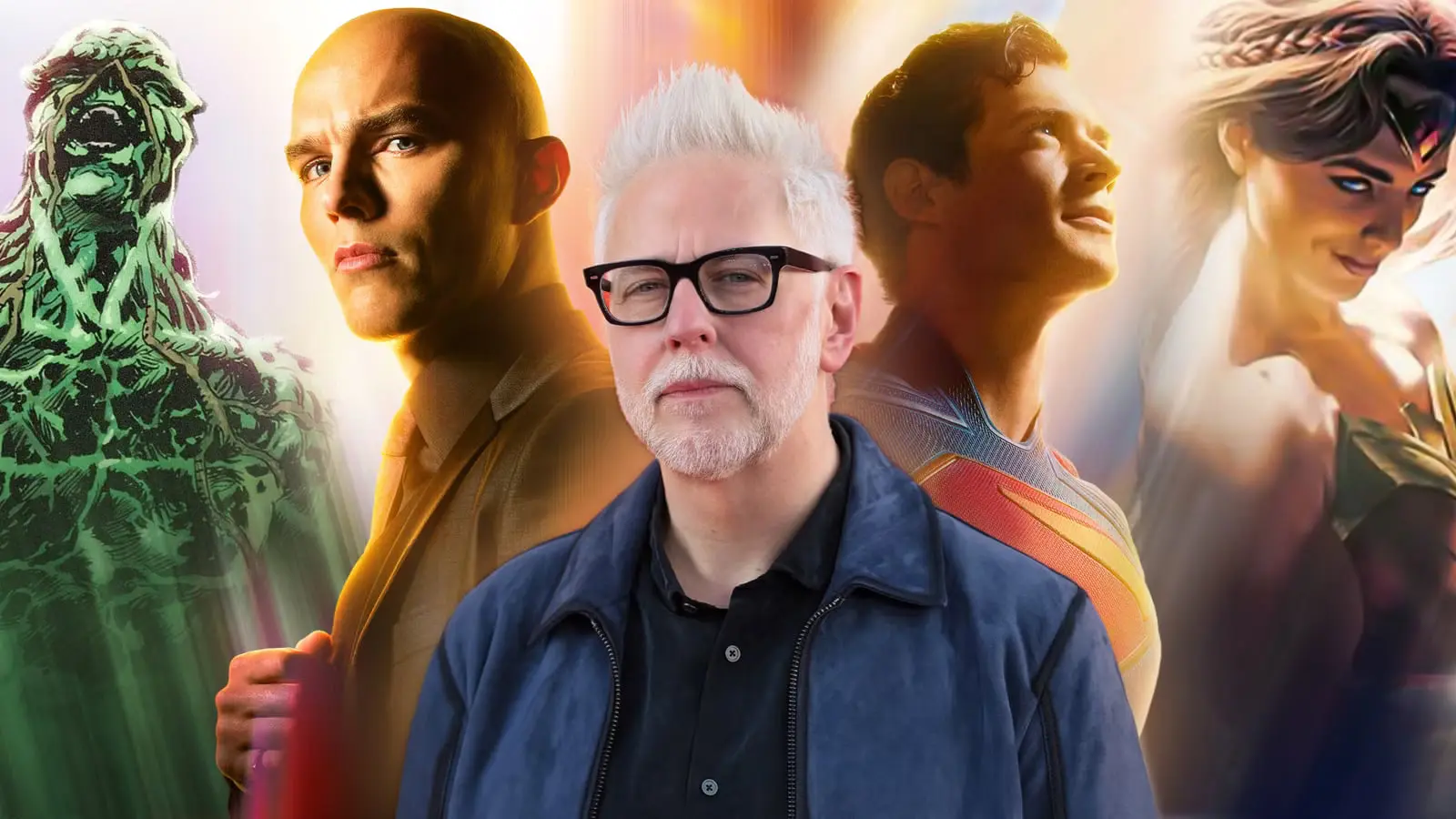 جیمز گان (James Gunn) در کنار شخصیت‌های سوپرمن، واندر وومن، لکس لوتر و اسواچ